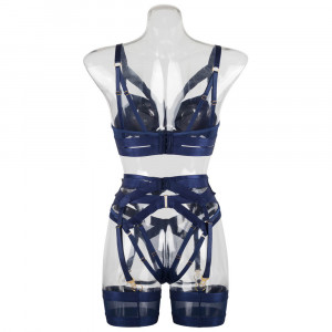Ensemble lingerie sexy bleu marine – Soutien-gorge pigeonnant & culotte à détails dorés