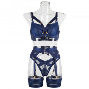 Ensemble lingerie sexy bleu marine – Soutien-gorge pigeonnant & culotte à détails dorés