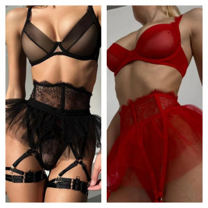Ensemble lingerie dentelle transparente – Soutien-gorge sexy & string en tulle raffiné - Noir ou Rouge