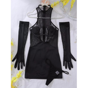 Robe courte noire sexy avec découpes et transparence – Tenue clubwear moulante 3 pièces