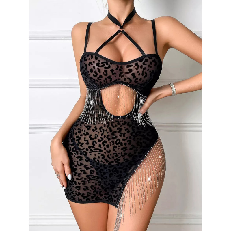 Robe courte sexy à motifs léopard, découpes et strass - Noir