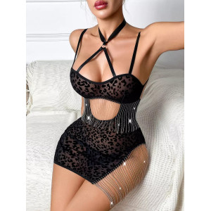 Robe courte sexy à motifs léopard, découpes et strass - Noir