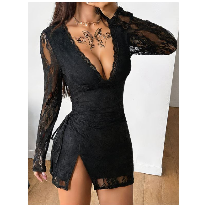 Robe sexy noire moulante à manches longues avec encolure en V et dentelle