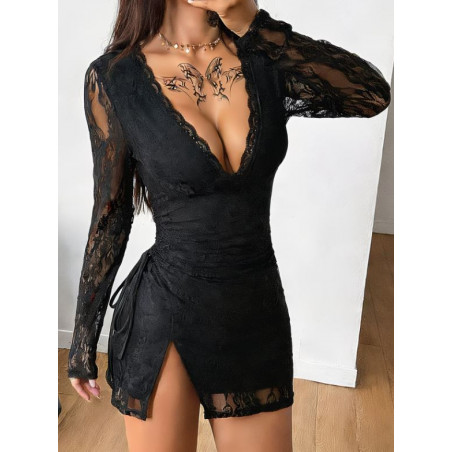 Robe sexy noire moulante à manches longues avec encolure en V et dentelle