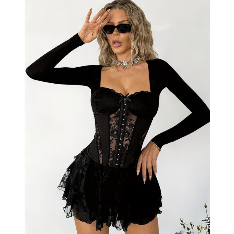 Robe sexy volantée avec boutons élégants - Noir