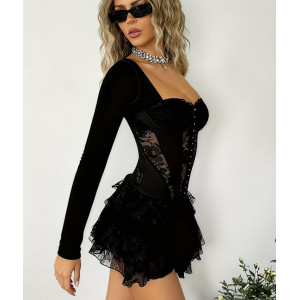Robe sexy volantée avec boutons élégants - Noir