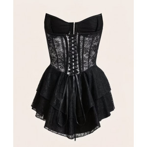 Mini Robe Moulante Dentelle & Résille, Dos Nu Croisé, Jupe Tulle Multicouche