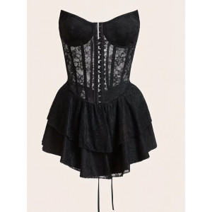 Mini Robe Moulante Dentelle & Résille, Dos Nu Croisé, Jupe Tulle Multicouche