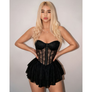 Mini Robe Moulante Dentelle & Résille, Dos Nu Croisé, Jupe Tulle Multicouche