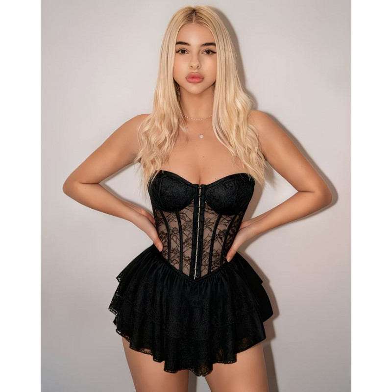 Mini Robe Moulante Dentelle & Résille, Dos Nu Croisé, Jupe Tulle Multicouche