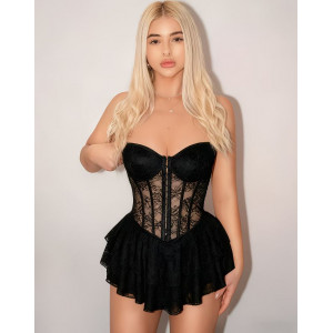 Mini Robe Moulante Dentelle & Résille, Dos Nu Croisé, Jupe Tulle Multicouche